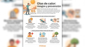 Infografía Olas de calor: riesgos y prevención. Dibujos de persona con calor, número 65, íconos de salud y prevención. Logo Infobae.