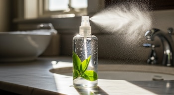 Una botella de spray transparente con hojas de té verde y agua, liberando una fina niebla en un baño con luz natural sobre una encimera de mármol, cerca de un lavabo.