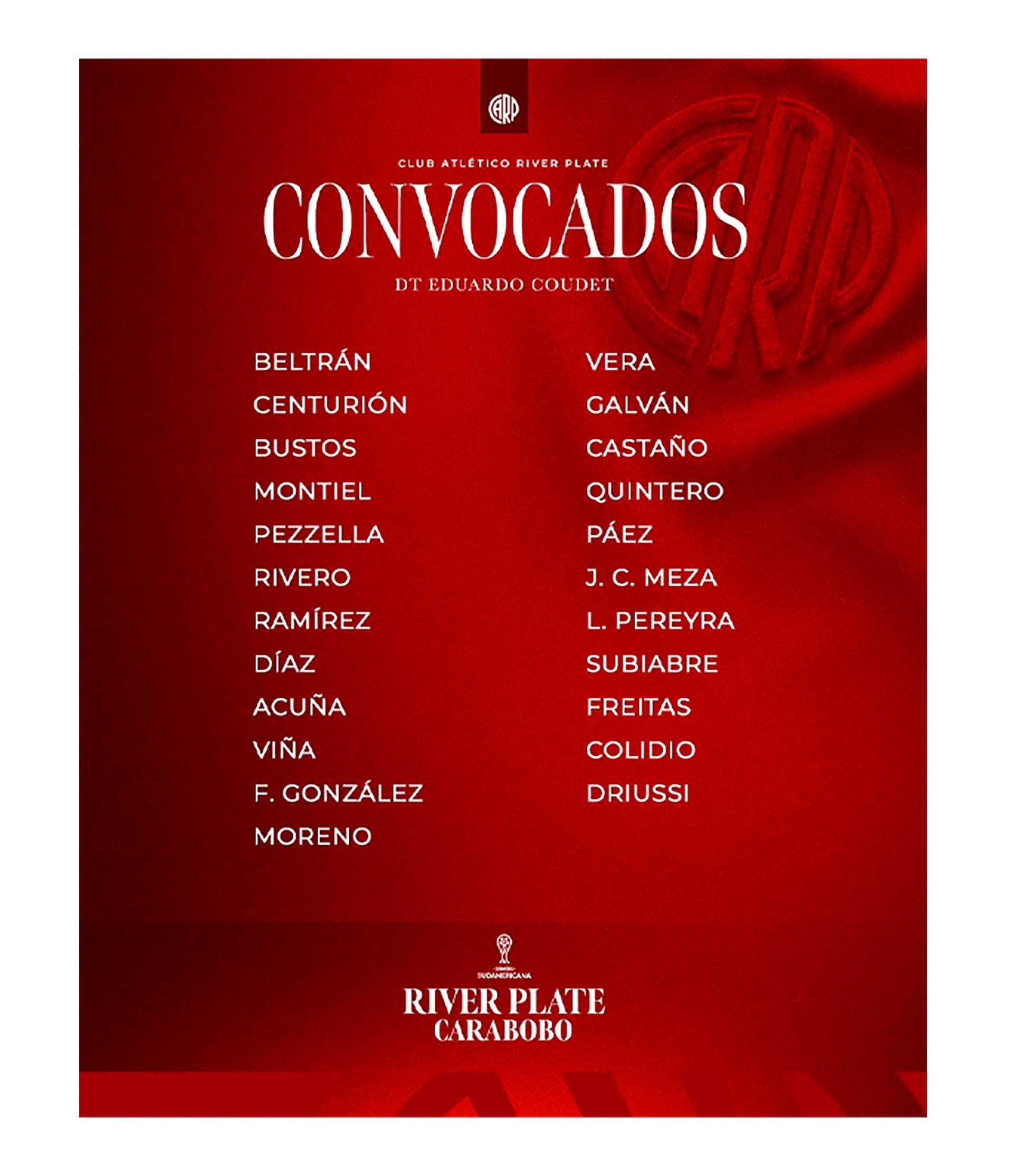 El Club Atlético River Plate anuncia la lista oficial de jugadores seleccionados por el DT Eduardo Coudet para el encuentro contra Carabobo en la CONMEBOL Sudamericana. (@RiverPlate)