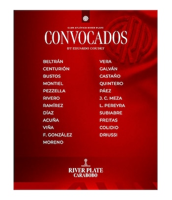 Gráfico rojo del Club Atlético River Plate con la lista de jugadores convocados por Eduardo Coudet para el partido contra Carabobo, con los logos del club y la CONMEBOL Sudamericana