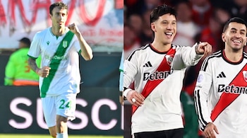 Imagen dividida con un futbolista con uniforme blanco y verde a la izquierda y dos jugadores con camiseta blanca y franja roja a la derecha.