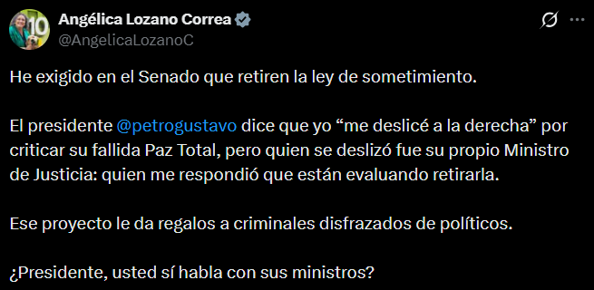 Angélica Lozano cuestiona la coordinación dentro del Gobierno sobre la ley. - crédito @AngelicaLozanoC/X