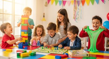 Cinco niños, bloques de construcción, juego de mesa, fichas de colores, dos muñecas, slime verde, mesa, guirnaldas, globos.