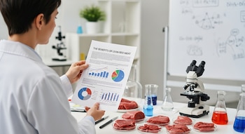 Profesional en bata de laboratorio sostiene un estudio sobre carne roja magra. En la mesa hay muestras de carne, un microscopio y material de laboratorio.
