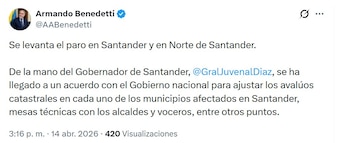 Ministro del Interior, Armando Benedetti, celebró el acuerdo al que se llegó con la comunidad de Santander y Norte de Santander - crédito @AABenedetti/X