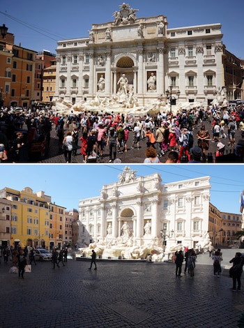 ARCHIVO - En esta imagen combinada, gente caminando en torno a la Fontana de Trevi, en Roma, a las 9:48 del lunes 12 de junio de 2017, arriba, y a las 13:00 del miércoles 11 de marzo de 2020. El grave brote de un nuevo coronavirus en Italia ha vaciado los monumentos de turistas y romanos. (AP Foto/Andrew Medichini)