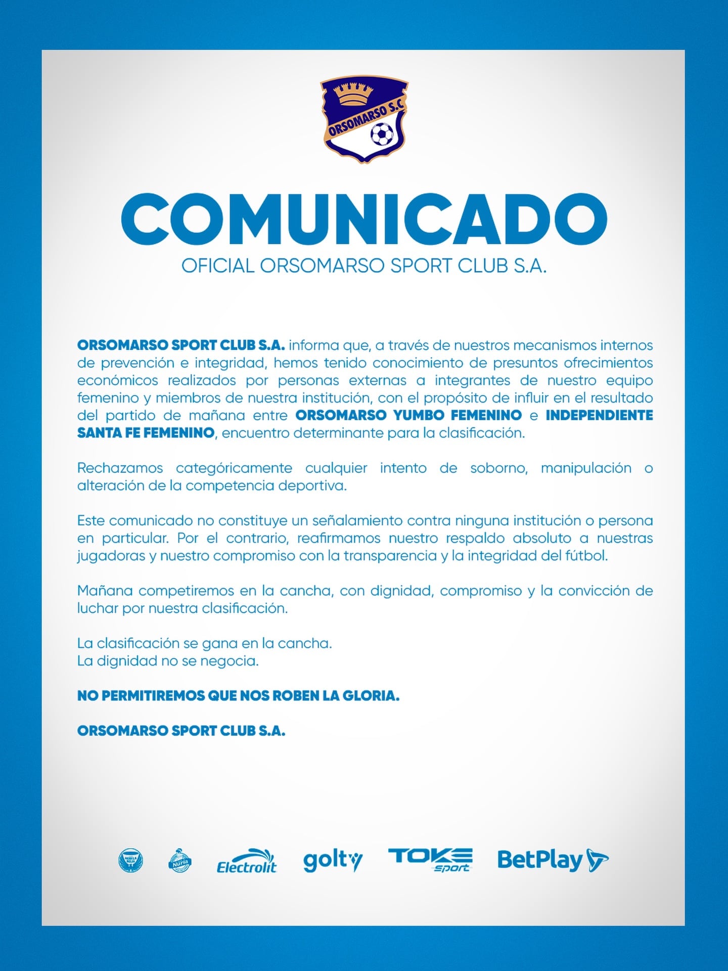 El club de Yumbo afirmó que personas externas buscaron influir en un duelo clave por la clasificación-crédito @orsomarsosc/@yumbofc/Instagram