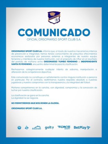 El club de Yumbo afirmó que personas externas buscaron influir en un duelo clave por la clasificación-crédito @orsomarsosc/@yumbofc/Instagram
