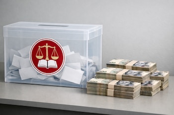 Urna electoral transparente con papeletas y el logo del Jurado Nacional de Elecciones de Perú junto a fajos de billetes de 100 soles sobre una mesa gris.