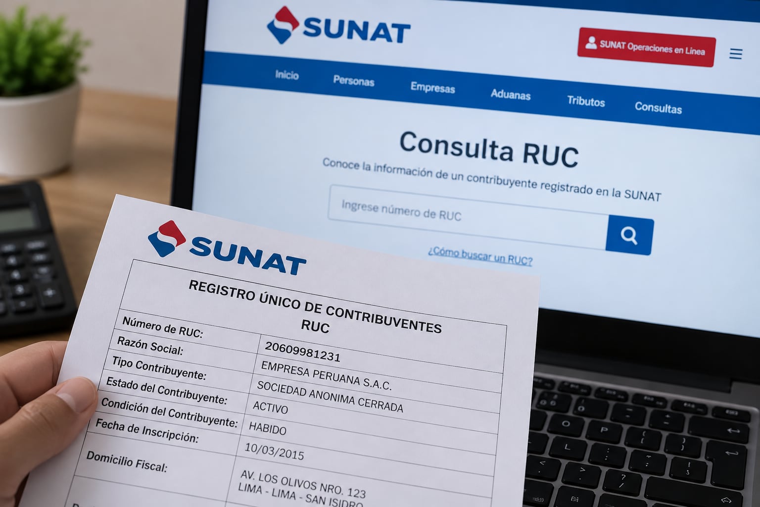 Una mano sostiene una ficha impresa del Registro Único de Contribuyentes junto a una pantalla con el portal de consultas de la SUNAT en Perú. (Imagen Ilustrativa Infobae)