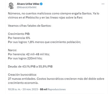 Álvaro Uribe comparte cifras que