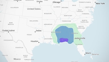 Mapa de Estados Unidos con zonas coloreadas en verde, azul y violeta sobre los estados del golfo y del sureste
