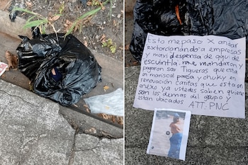 Una bolsa plástica de basura en una acera y una hoja de papel con texto escrito a mano junto a una fotografía impresa.