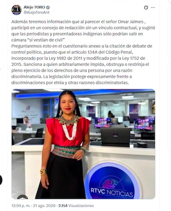 El congresista Alejandro Toro aseguró que en un consejo de redacción se propuso que las presentadoras de Inravisión salgan vestidas de "civil" - crédito @AlejoToroAnt/X