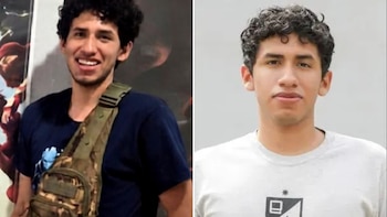 Dos fotografías de un joven de cabello negro y rizado, una sonriendo con camiseta oscura y pechera, y otra frontal con camiseta blanca