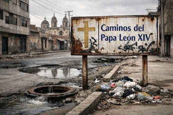 Cartel oxidado de "Caminos del Papa León XIV" con cruz dorada. Calle urbana deteriorada, con baches, alcantarilla rebalsando, agua estancada, basura y edificios.