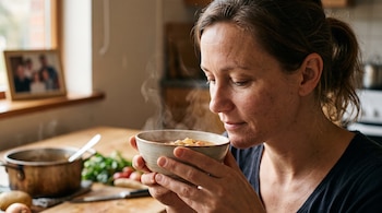 Una mujer adulta sostiene un cuenco con comida humeante y lo huele en una cocina con una olla, vegetales frescos y una foto familiar borrosa.
