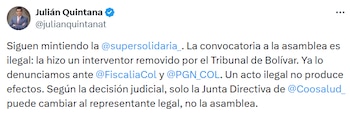 Julián Quintana expresó en redes sociales que la convocatoria a la asamblea era ilegal y ya fue denunciada ante las autoridades. - crédito @julianquintanat/X