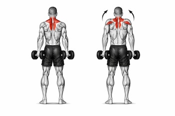 Ilustración de la espalda de un hombre con mancuernas, mostrando el antes y después del encogimiento de hombros con músculos trapecios resaltados y flechas de movimiento.