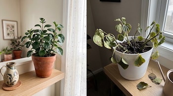 Dos macetas con plantas peperomia: la izquierda con hojas verdes erguidas y la derecha con hojas marchitas y caídas sobre la mesa.