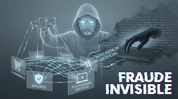Ilustración de una figura encapuchada con cara de circuitos controlando con hilos iconos de e-commerce, seguros y plataformas digitales, con una mano tecleando y texto 'Fraude Invisible'.