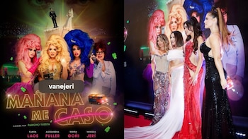 Díptico con el póster de la película 'Mañana me caso' con cuatro actrices disfrazadas y cuatro actrices con vestidos de gala en alfombra roja