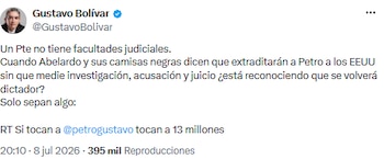 Gustavo Bolívar alertó sobre riesgos democráticos ante propuesta de extradición de Gustavo Petro - crédito @GustavoBolivar/X