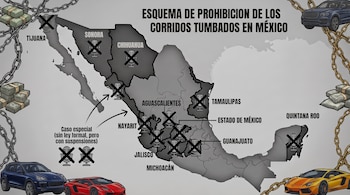 Mapa de México con título "Esquema de prohibición de corridos tumbados", varios estados marcados con micrófono tachado, cadenas, pilas de billetes y autos de lujo.
