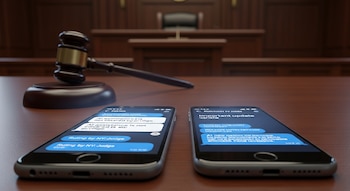 Primer plano de dos teléfonos inteligentes sobre una mesa de madera oscura en un juzgado, con un mazo judicial al fondo. Las pantallas muestran mensajes de chat.