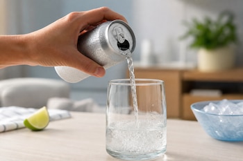 Una mano sostiene una lata de aluminio con condensación y vierte un líquido transparente dentro de un vaso de vidrio sobre una mesa.