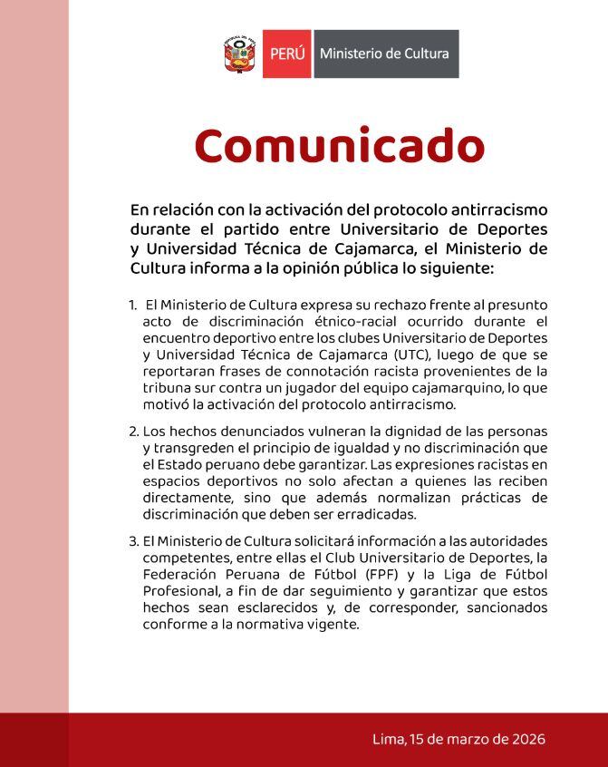 El Ministerio de Cultura pidió esclarecer los hechos tras la interrupción del partido entre Universitario y UTC, donde se denunció la presencia de insultos racistas desde la tribuna. (X / @MinculturaPeru)