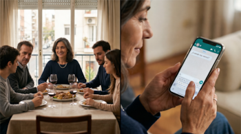 Una mujer escribe en un smartphone. A la izquierda, una familia de cuatro almuerza en una mesa con platos de comida y copas de vino
