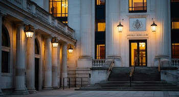 Fachada de un edificio con columnas, escalinatas, puerta principal, faroles encendidos y ventanas iluminadas, con el texto Sheffield Crown Court.