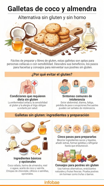Infografía ilustrada con galletas de coco y almendra, ingredientes, anatomía humana y pasos de preparación. Detalla la dieta sin gluten, síntomas y recetas.