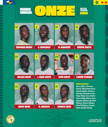 Gráfico verde mostrando los retratos de once futbolistas de Senegal, con sus nombres y números, más una lista de suplentes y detalles del partido