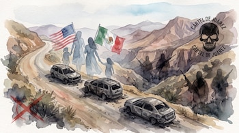 Ilustración de carretera, tres vehículos quemados, siluetas de personas, bandera estadounidense, bandera mexicana, siluetas de hombres armados, logos de Cártel de Juárez y La Línea.