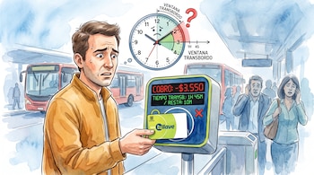 Un hombre sostiene una tarjeta frente a un lector electrónico que muestra un cobro, junto a un reloj gráfico y autobuses al fondo.