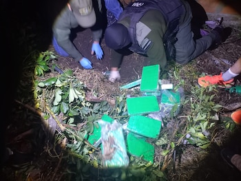 Hombres de Gendarmería Nacional con uniformes verdes y guantes azules excavan tierra de noche, revelando numerosos paquetes de cocaína envueltos en plástico verde
