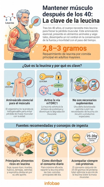 Infografía con textos y gráficos que muestran un hombre mayor, músculos, molécula de leucina, diversos alimentos, platos con comida y relojes.