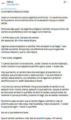 El comunicado completo del PRO