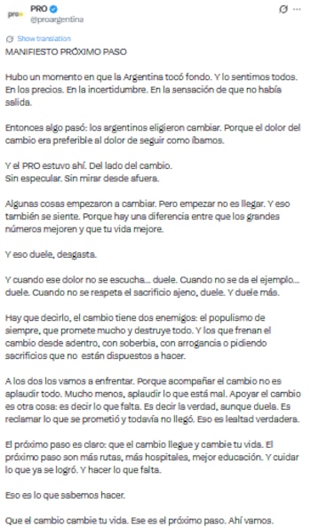 El comunicado completo del PRO