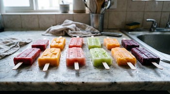 Paletas heladas de colores rojo, amarillo, verde y morado ordenadas en dos filas sobre una encimera cerca de un fregadero.