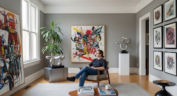 Una persona sentada en un sillón en una sala con paredes grises, rodeada de pinturas abstractas vibrantes y esculturas metálicas, junto a una ventana.