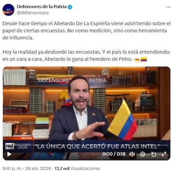 Abelardo de la Espriella desafió resultados de encuestas y advirtió sobre su uso como herramienta de influencia - crédito @defensoresco/X