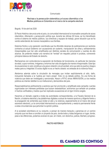 La colectividad de Gustavo Petro advierte sobre una supuesta campaña de acoso cibernético y persecución política contra directivos y equipos de medios públicos - crédito Pacto Histórico