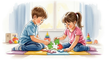 Ilustración de acuarela: niño y niña sentados en alfombra de juego, armando un rompecabezas colorido. Juguetes y luz solar de ventana al fondo.