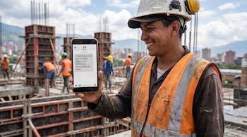 Hombre sonriente con casco y chaleco naranja sujeta un smartphone mostrando un mensaje de pago de prima de servicios en una obra de construcción.