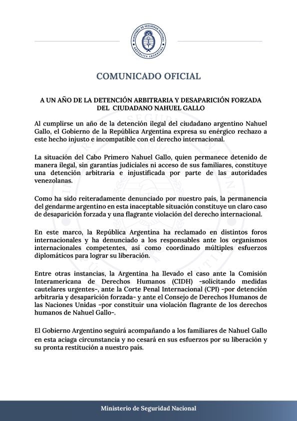 Argentina denunció ante organismos internacionales la detención arbitraria y desaparición forzada del gendarme Nahuel Gallo