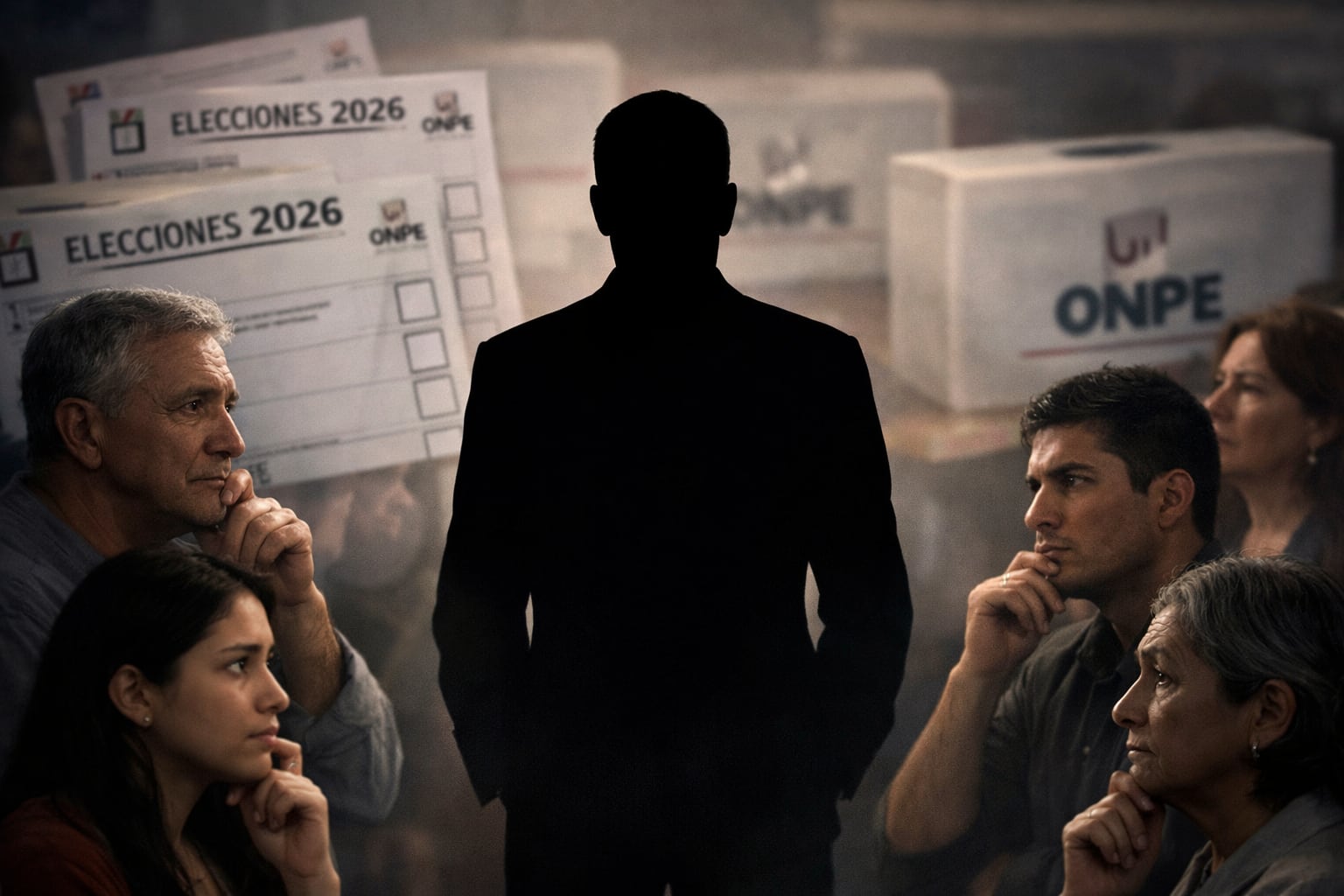 Una silueta de candidato presidencial se alza en el centro, mientras un público reflexivo lo observa con incertidumbre, con papeletas de votación y urnas de la ONPE de 2026 en el fondo. (Imagen Ilustrativa Infobae)