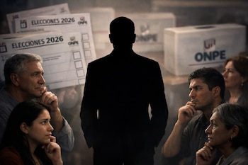 Silueta central de un candidato, rodeada de personas pensativas. Al fondo, papeletas de votación "Elecciones 2026" y urnas de la ONPE.